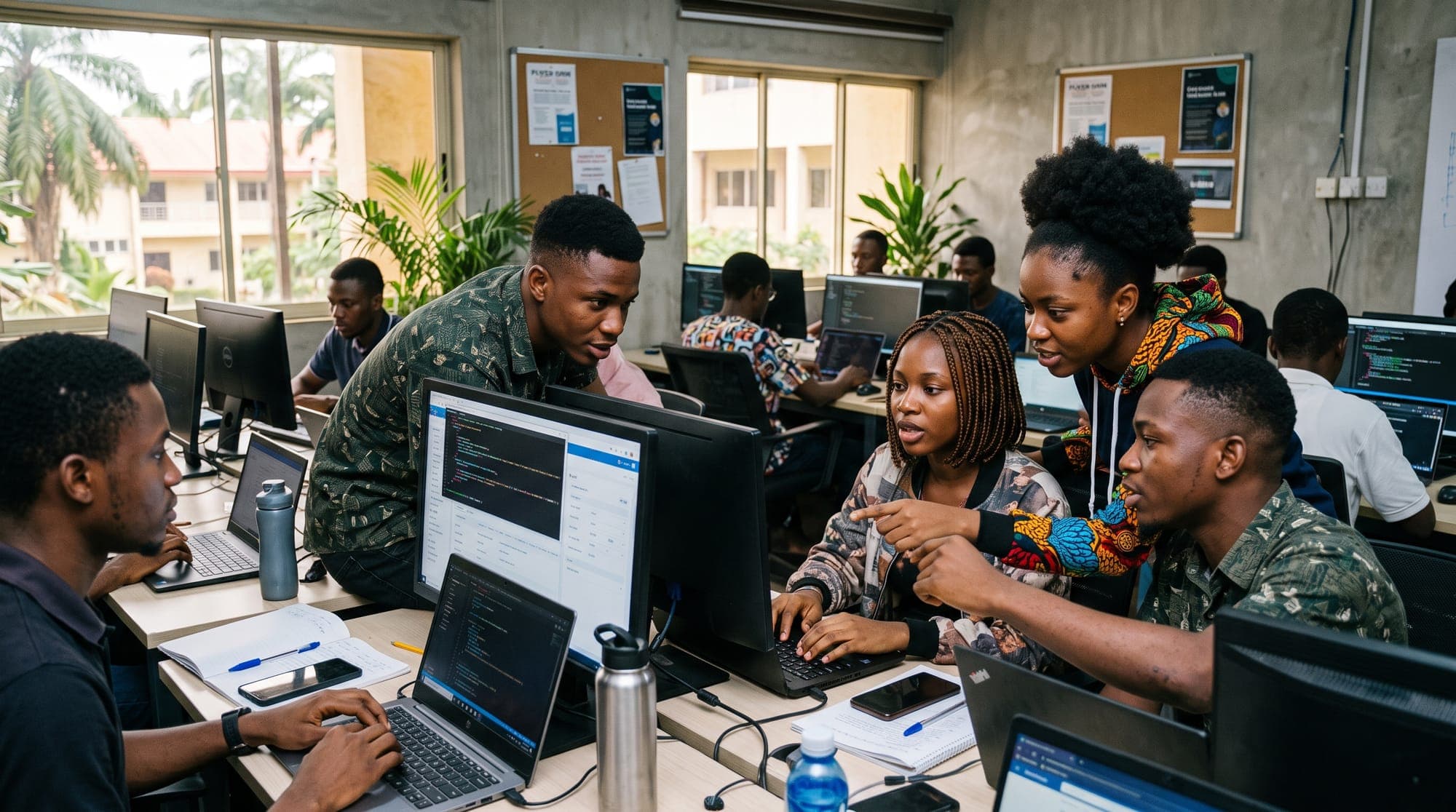 Engineers collaborating at workstations in a training and delivery space
